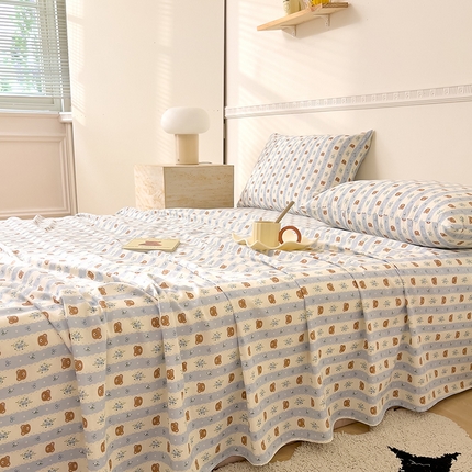 DoDo 兜兜 2025新款全棉双层纱印花单床单（可定做尺寸） 条纹小熊-蓝