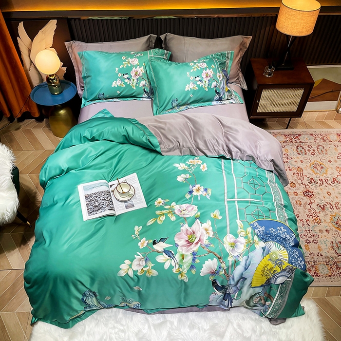 91家纺网 家纺一手货源 找家纺 梵克保罗 2025春夏新款天丝数码大版印花四件套 奥洛琳-绿