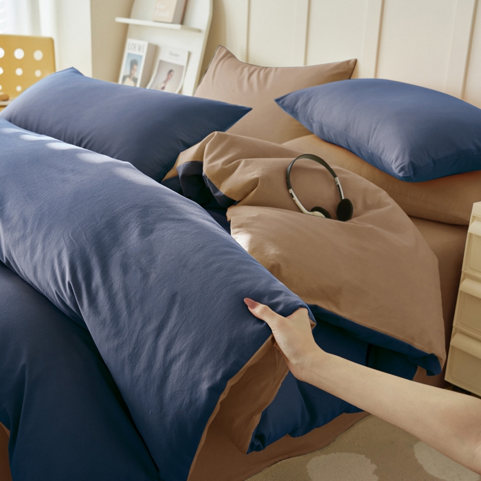 91家纺网 家纺一手货源 找家纺 2025新款全棉13372水洗棉双拼四件套（自然光） 布鲁兰+拾柴