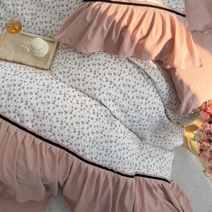 91家纺网 家纺一手货源 找家纺 沐慕 2025新款法式针织双层纱印花系列四件套 花城往事