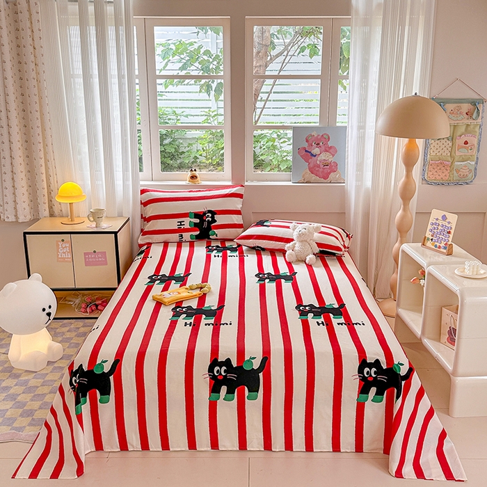 91家纺网 家纺一手货源 找家纺 吉象家纺 2025新款高支密全棉印花单品系列-单床单 红线条小黑猫