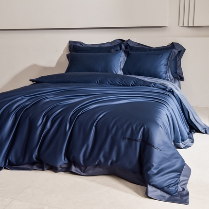 米奈家居 2025新款贴边拼角100支新疆长绒棉四件套 冰川蓝