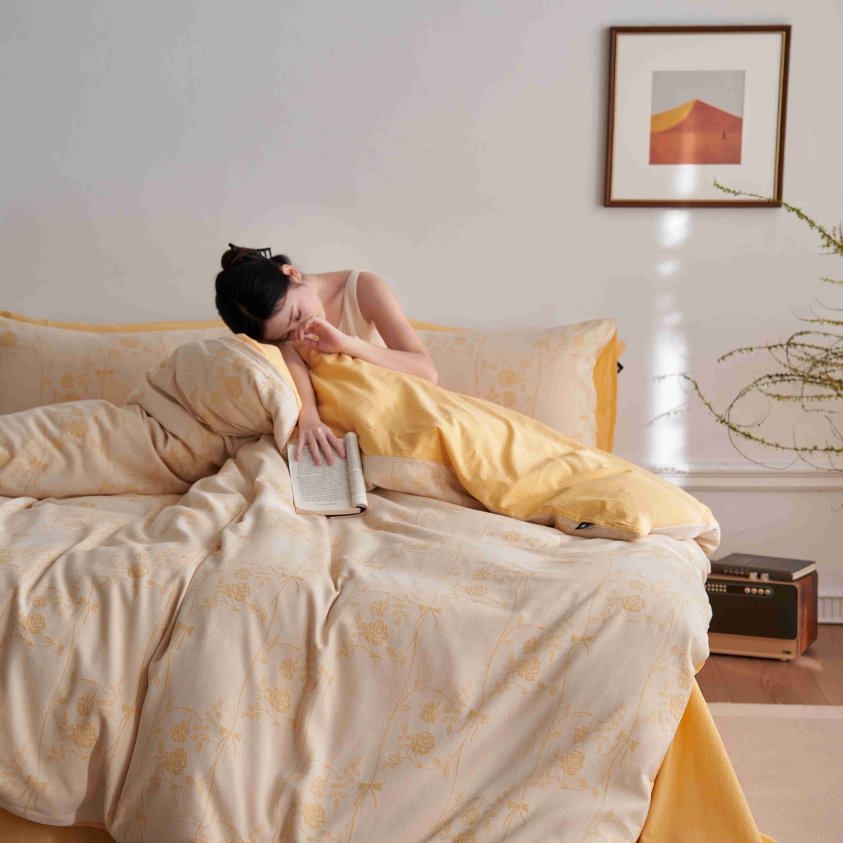 91家纺网 家纺一手货源 找家纺 安莱生活 2025新款60s双层纱色织大提花枝上玫瑰四件套系列 枝上玫瑰-嫩黄