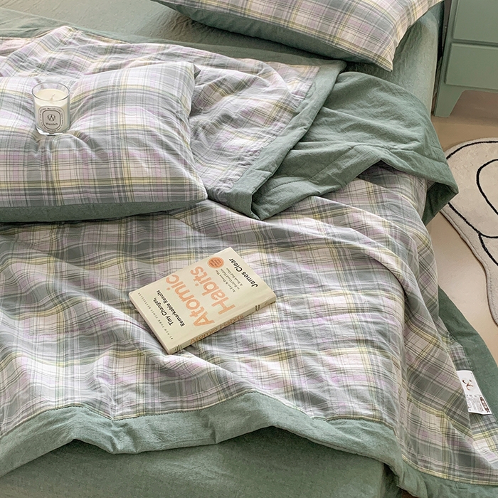 91家纺网 家纺一手货源 找家纺 水洗的故事 2025新款全棉色织水洗棉棉花夏被被子被芯 仙踪绿格