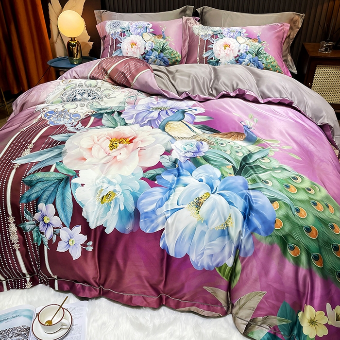 91家纺网 家纺一手货源 找家纺 梵克保罗 2025春夏新款天丝数码大版印花四件套 华尔兹-玫红