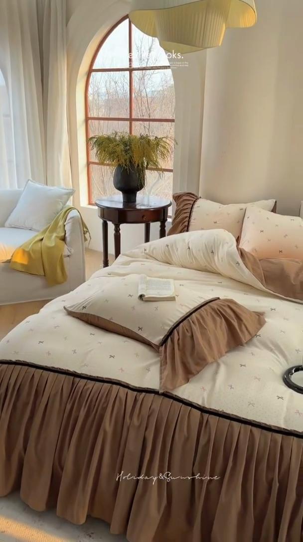 91家纺网 家纺一手货源 找家纺 沐慕 2025新款法式针织双层纱印花系列四件套 蝴蝶结