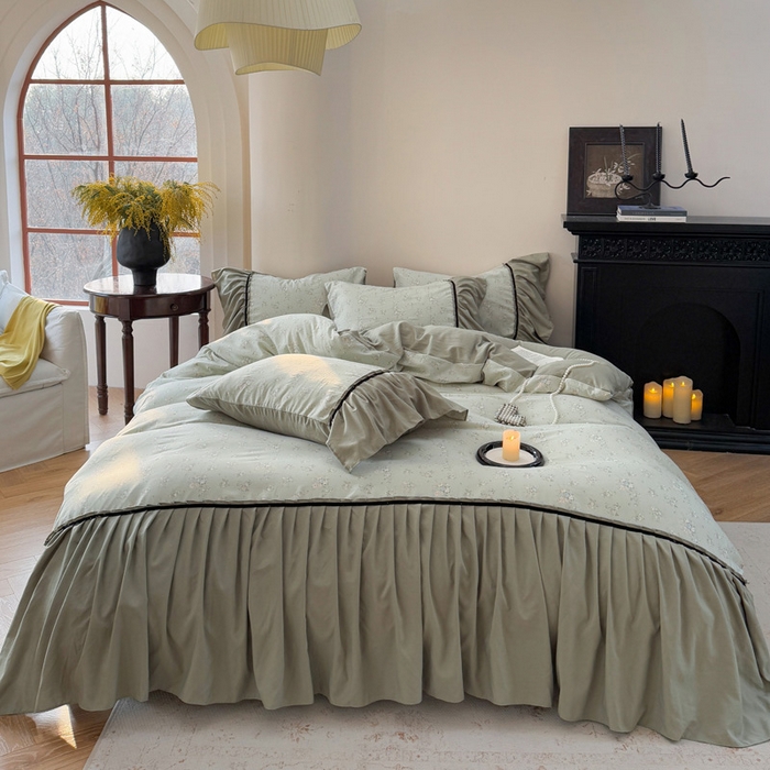 91家纺网 家纺一手货源 找家纺 沐慕 2025新款法式针织双层纱印花系列四件套 绿茶