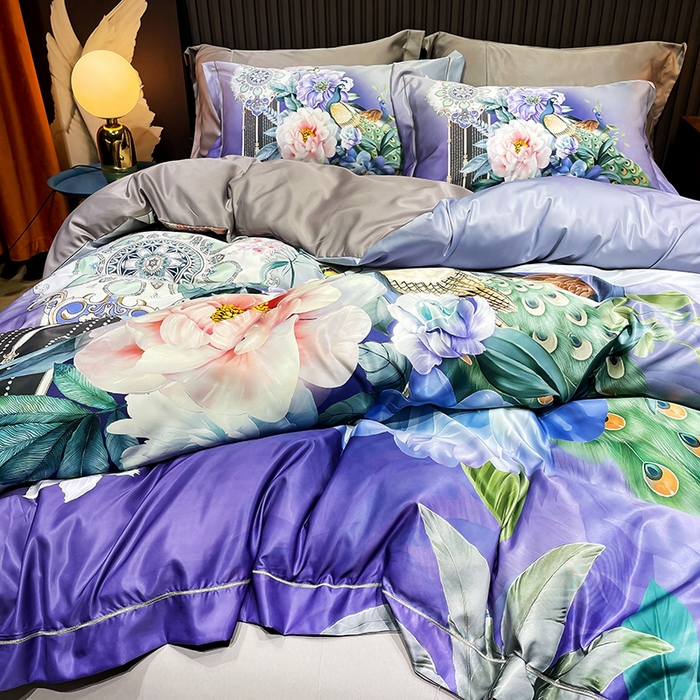 91家纺网 家纺一手货源 找家纺 梵克保罗 2025春夏新款天丝数码大版印花四件套 华尔兹-紫