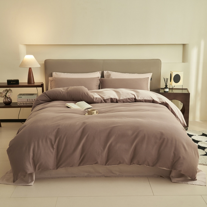 91家纺网 家纺一手货源 找家纺 2025新款全棉13372水洗棉双拼四件套（影棚暗光） 暗香紫砂+40驼