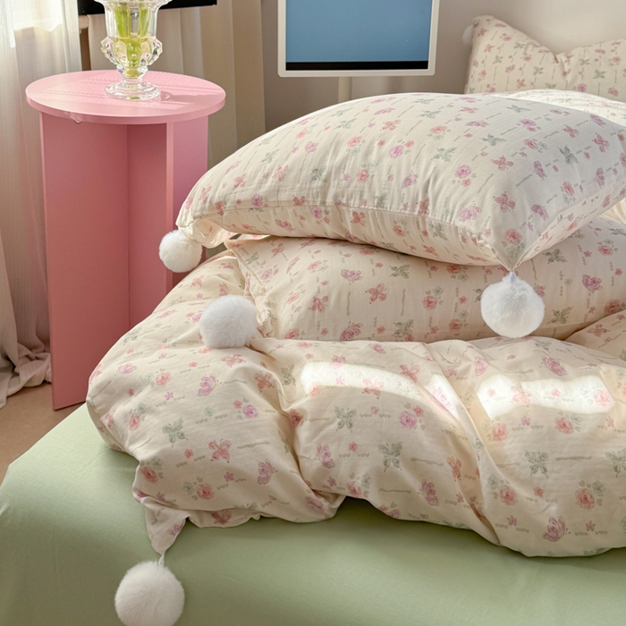 91家纺网 家纺一手货源 找家纺 金爱家 2025新款亲肤舒适纯棉双层纱四件套 双层纱-梦幻玫瑰蝴蝶