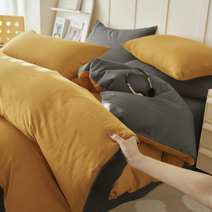 91家纺网 家纺一手货源 找家纺 2025新款全棉13372水洗棉双拼四件套（自然光） 暗木幽香+宝藏灰