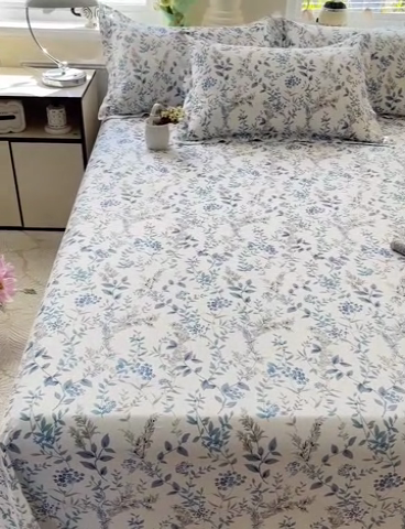 91家纺网 家纺一手货源 找家纺 大柏树 2025新款全棉13376印花四件套系列（可定制）-单床单青野花梦-蓝