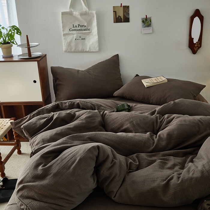 91家纺网 家纺一手货源 找家纺 水洗的故事 2025新款全棉A类皱皱纱纯色混搭四件套 巧棕