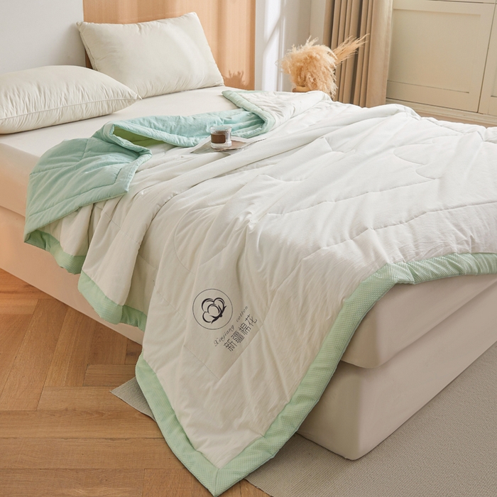 91家纺网 家纺一手货源 找家纺 熙宴家纺 2025新款水洗棉100%新疆棉花夏被-棉白 棉白+绿