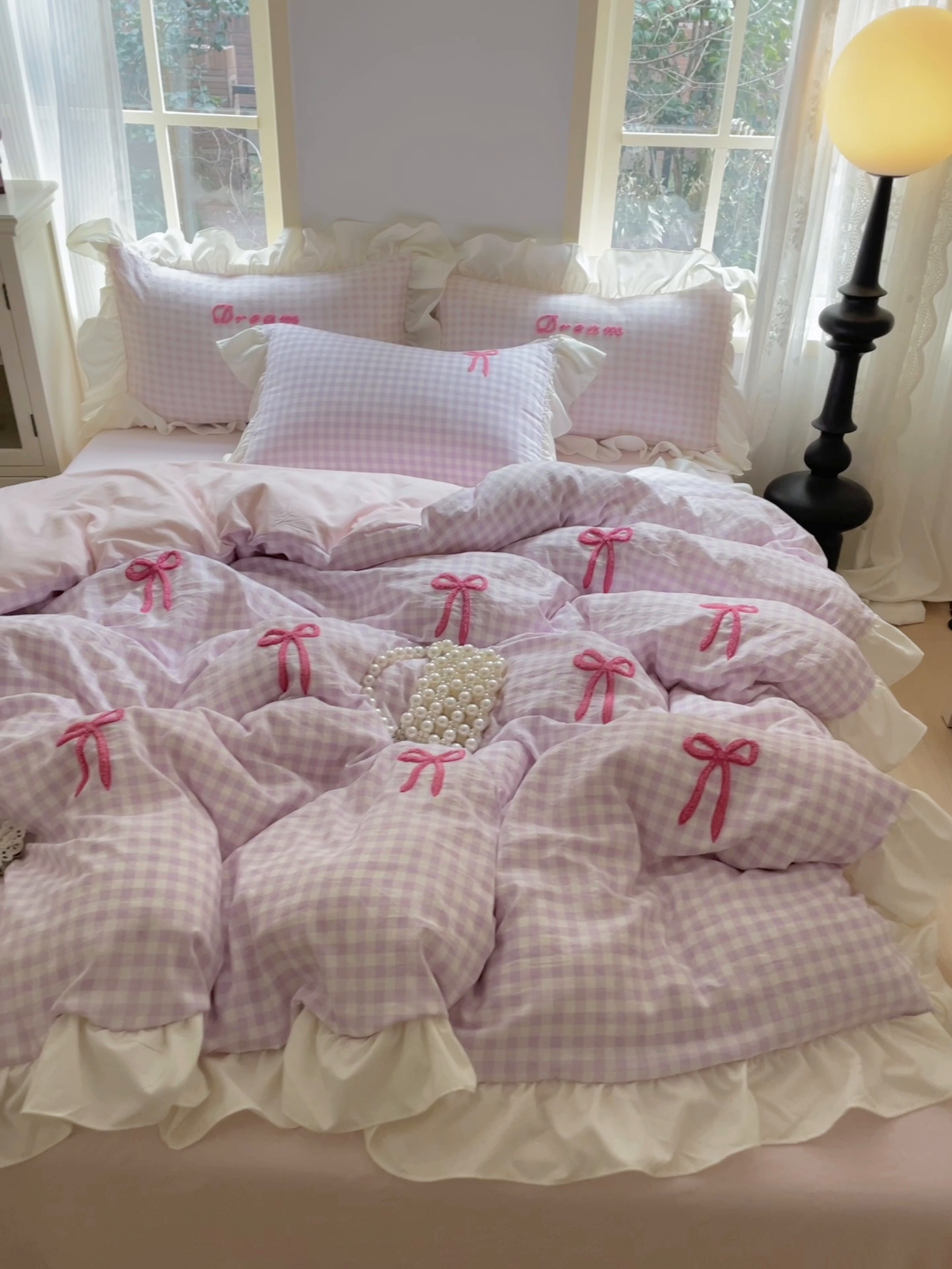 91家纺网 家纺一手货源 找家纺 沐辰2025春夏新款韩式花边款蝴蝶结四件套 韩式蝴蝶结-紫