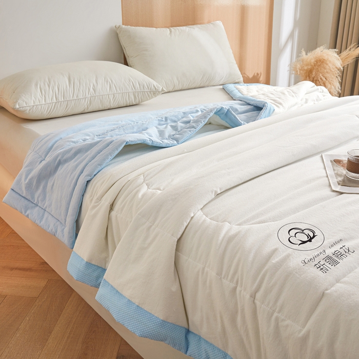 91家纺网 家纺一手货源 找家纺 熙宴家纺 2025新款水洗棉100%新疆棉花夏被-棉白 棉白+蓝