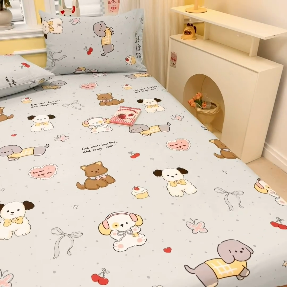 91家纺网 家纺一手货源 找家纺 吉象家纺 2025新款高支密全棉印花单品系列-单床笠 音乐狗