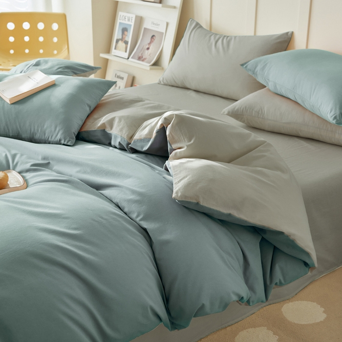 91家纺网 家纺一手货源 找家纺 2025新款全棉13372水洗棉双拼四件套（自然光） 安然蓝+毛毯灰