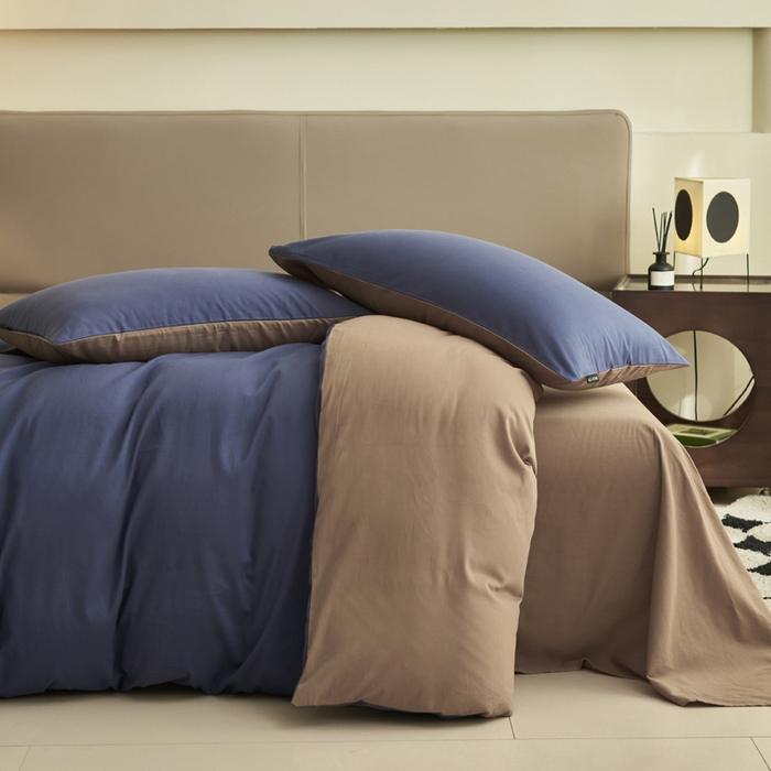 91家纺网 家纺一手货源 找家纺 2025新款全棉13372水洗棉双拼四件套（影棚暗光） 布鲁兰+拾柴