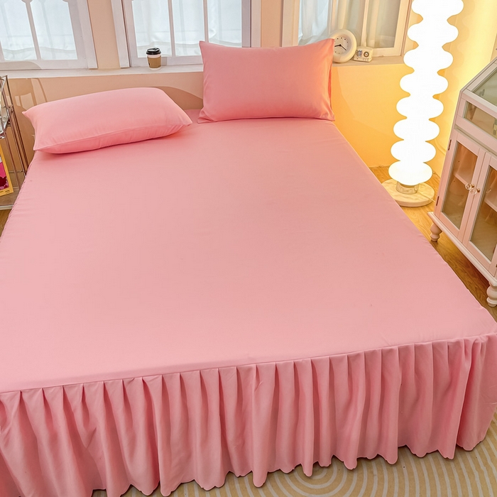 91家纺网 家纺一手货源 找家纺 莎臣豹 2025水洗磨毛纯色单品床裙可配二三件套 纯纯公主粉