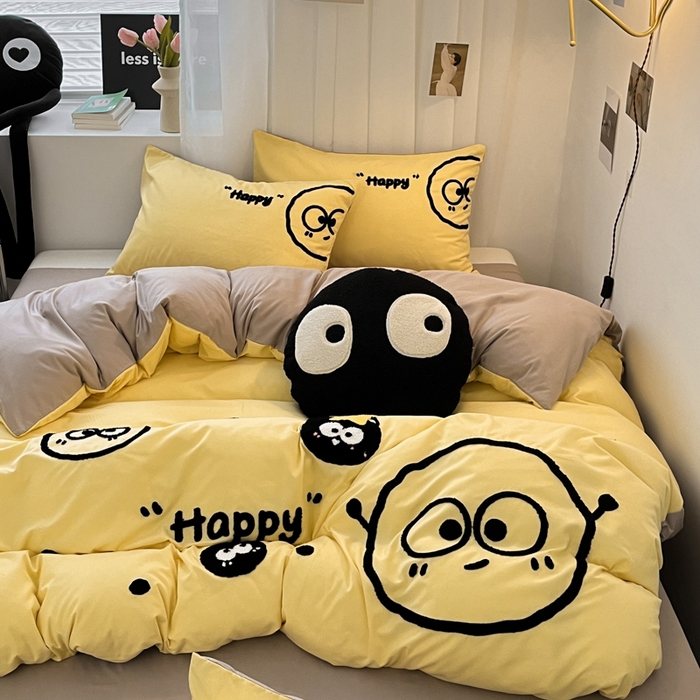 91家纺网 家纺一手货源 找家纺 沐慕 2025新款简约亲肤毛巾绣四件套 黑球球-黄色