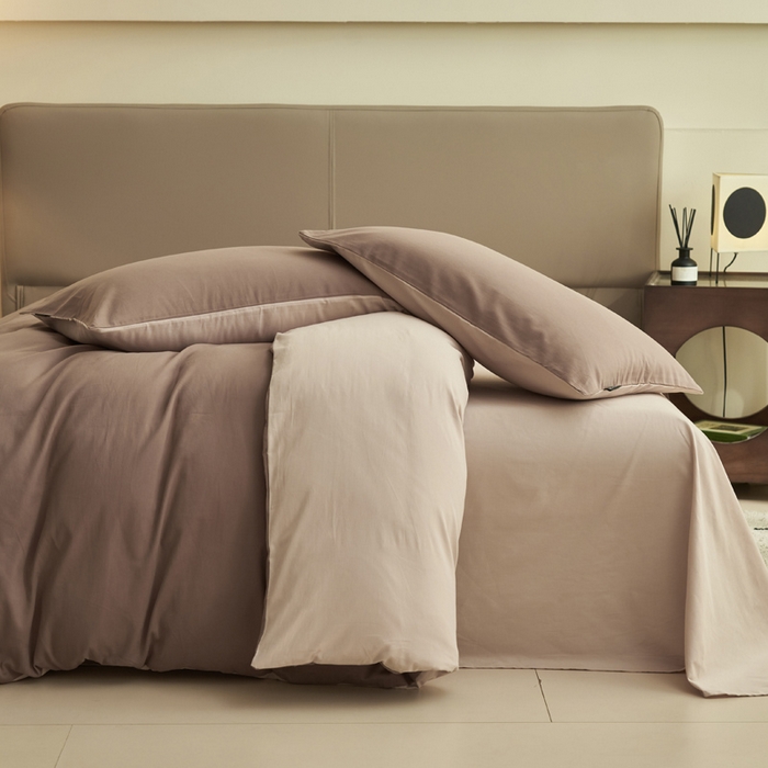 91家纺网 家纺一手货源 找家纺 2025新款全棉13372水洗棉双拼四件套（影棚暗光） 暗香紫砂+40驼