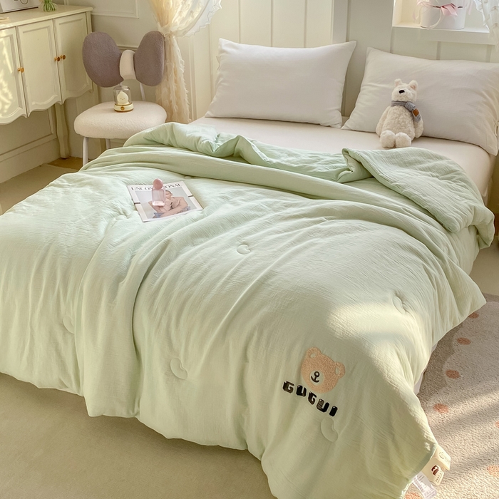 91家纺网 家纺一手货源 找家纺 沃尔居 新款水洗全棉双层纱夏被空调被大豆被纯棉春秋被子被芯夏凉被 小熊-浅绿色