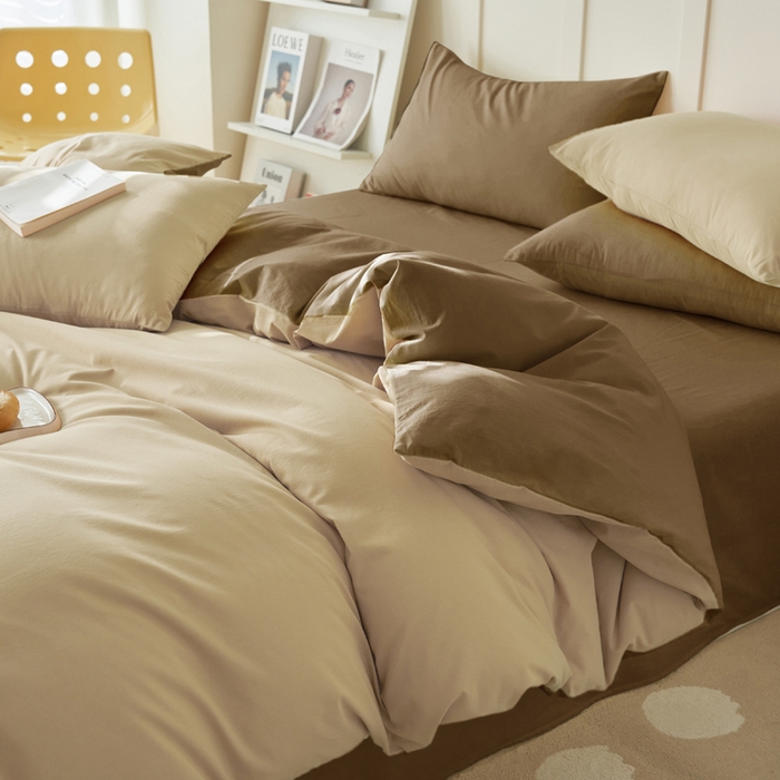 91家纺网 家纺一手货源 找家纺 2025新款全棉13372水洗棉双拼四件套（自然光） 40驼+暖木棕