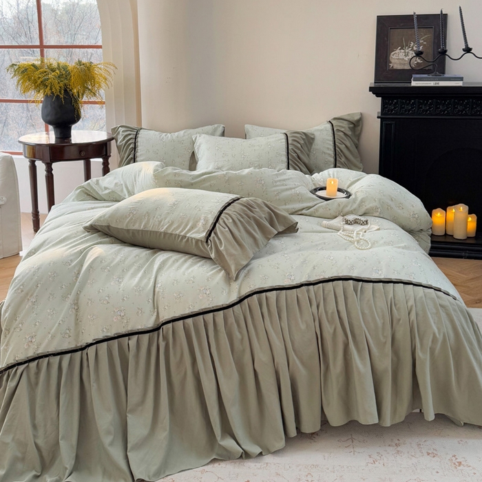 91家纺网 家纺一手货源 找家纺 沐慕 2025新款法式针织双层纱印花系列四件套 绿茶