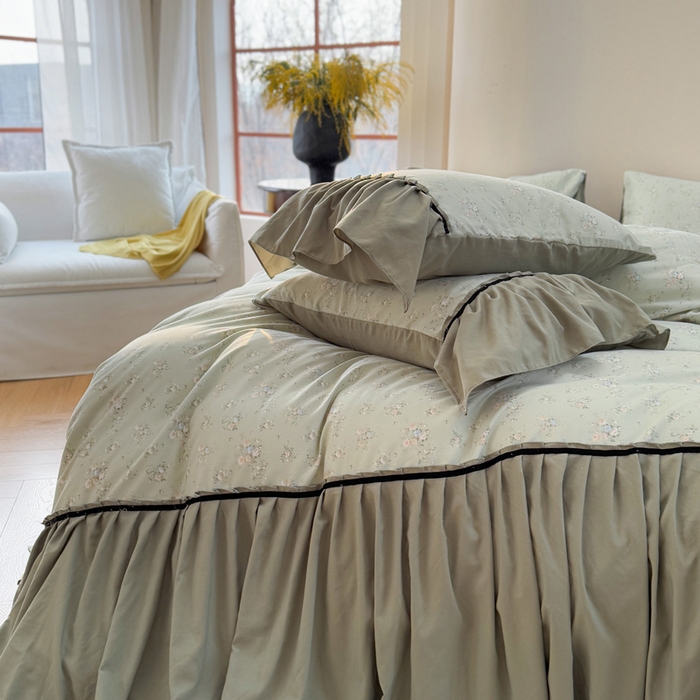 91家纺网 家纺一手货源 找家纺 沐慕 2025新款法式针织双层纱印花系列四件套 绿茶