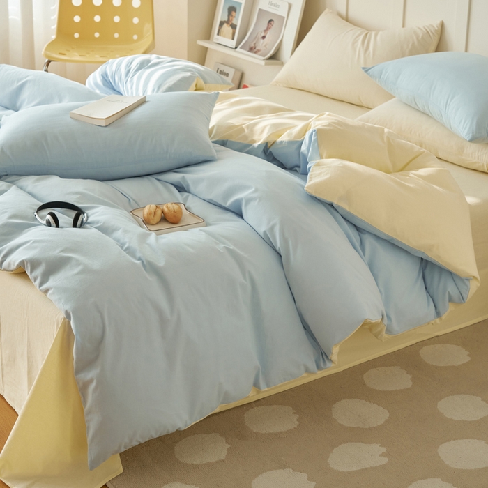 91家纺网 家纺一手货源 找家纺 2025新款全棉13372水洗棉双拼四件套（自然光） 天蓝+米黄