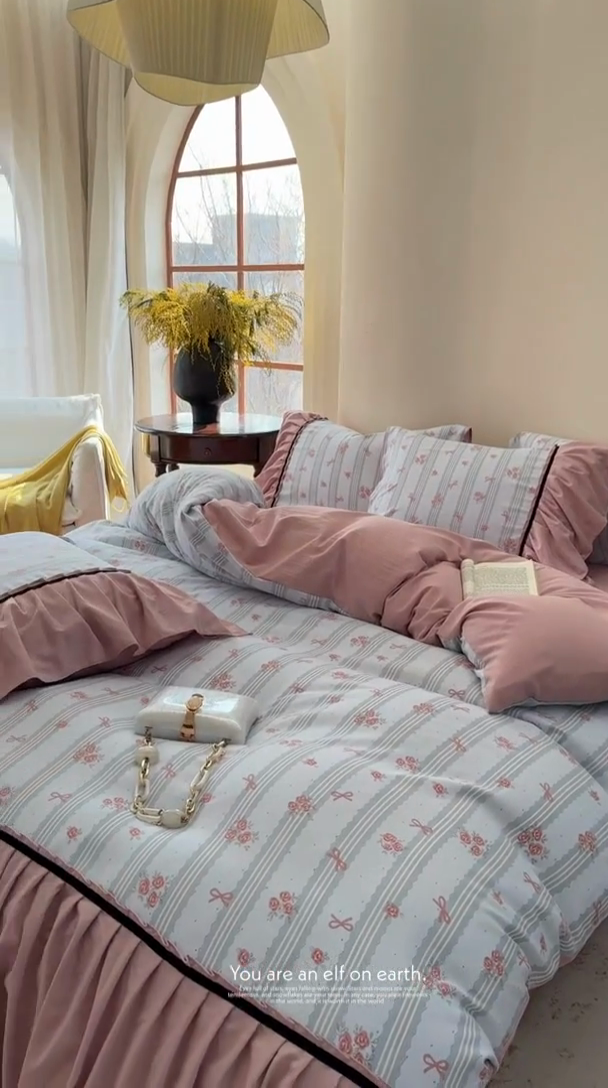 91家纺网 家纺一手货源 找家纺 沐慕 2025新款法式针织双层纱印花系列四件套 卡曼