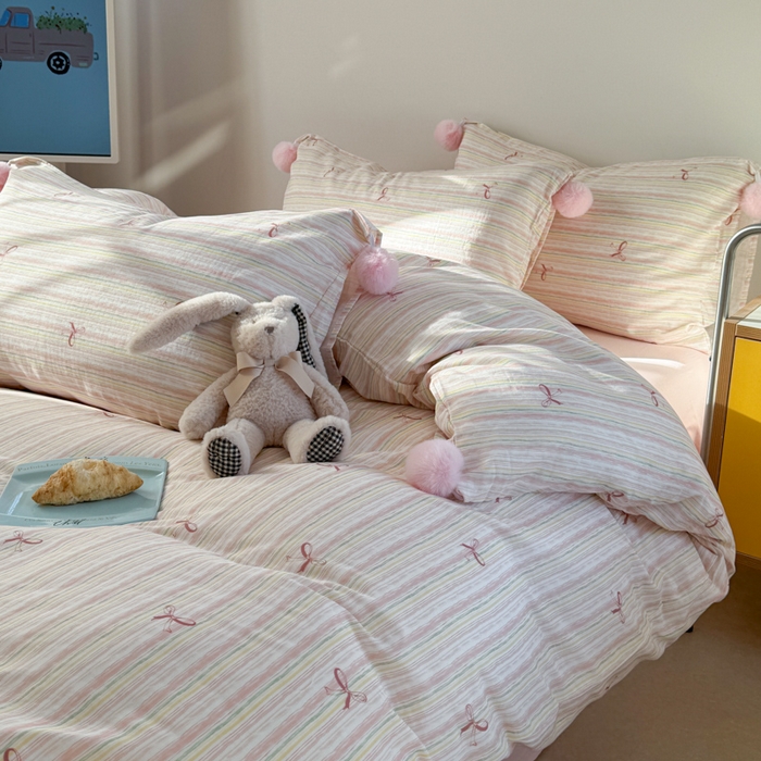 91家纺网 家纺一手货源 找家纺 金爱家 2025新款亲肤舒适纯棉双层纱四件套 双层纱-彩条蝴蝶结