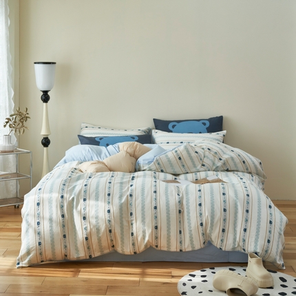 金丝鸟家纺 2025新款专版全棉三层纱提花四件套波纹小熊系列 波纹小熊兰