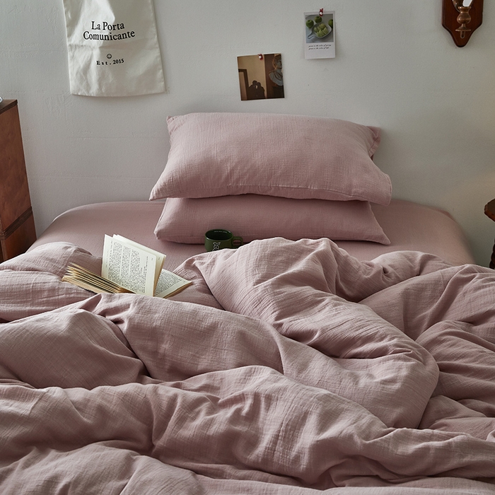 91家纺网 家纺一手货源 找家纺 水洗的故事 2025新款全棉A类皱皱纱纯色混搭四件套 奶杏