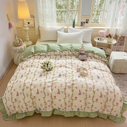 91家纺网 家纺一手货源 找家纺 忆生活家纺 2025新款韩版全棉花边款-单被套系列 藤蔓兔