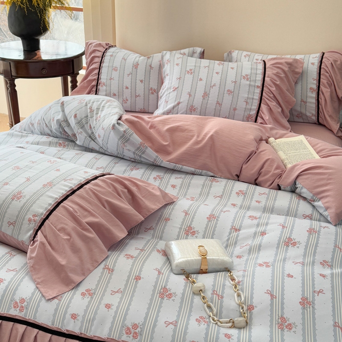 91家纺网 家纺一手货源 找家纺 沐慕 2025新款法式针织双层纱印花系列四件套 卡曼