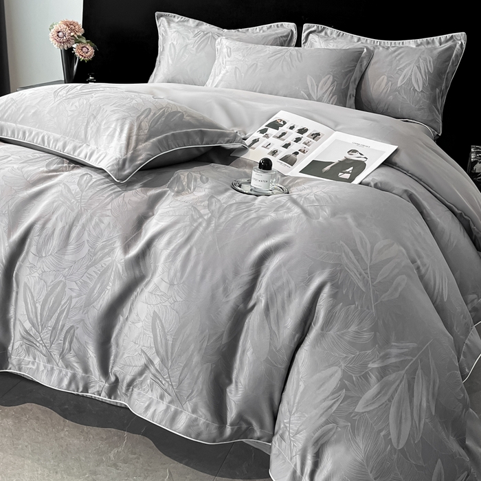 91家纺网 家纺一手货源 找家纺 米彩家纺 2025新款A类水洗真丝天丝提花四件套 一叶深情高级灰