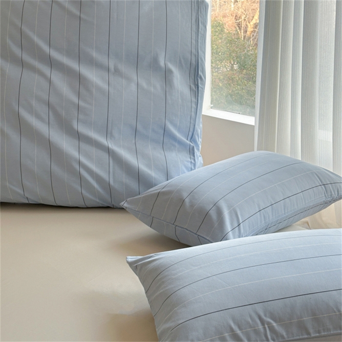 91家纺网 家纺一手货源 找家纺 金丝鸟家纺 2025新款全棉斜纹印花条纹系列四件套及单品 追忆蓝