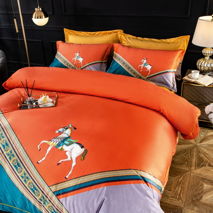 91家纺网 家纺一手货源 找家纺 梵克保罗 2025春夏新款天丝数码大版印花四件套 爱玛-橘