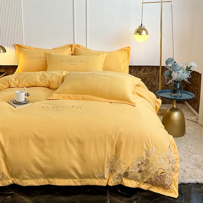 91家纺网 家纺一手货源 找家纺 梵克保罗 2025新款直播热卖长绒棉刺绣花边四件套-繁星系列 繁星-柠檬黄