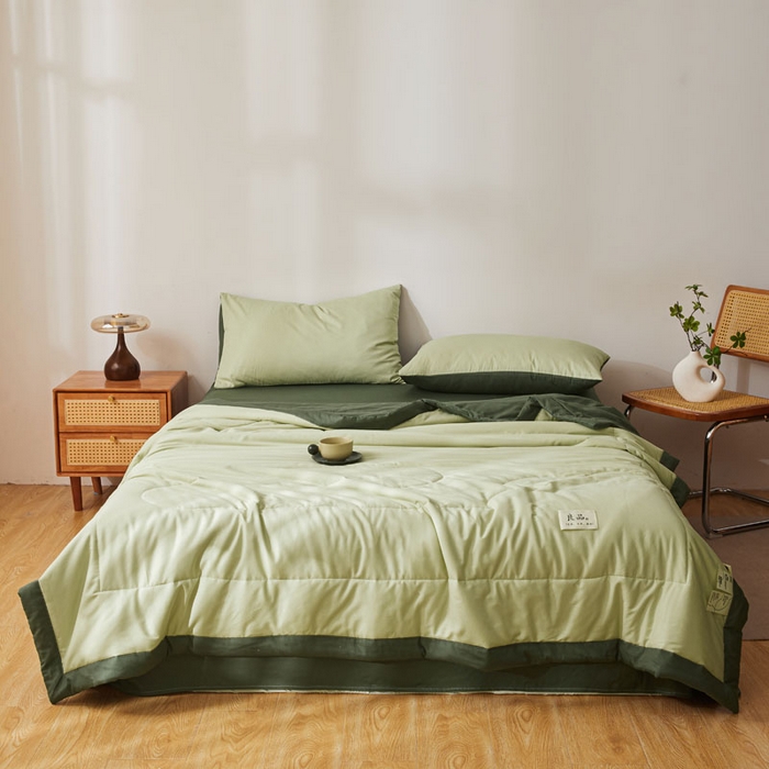 91家纺网 家纺一手货源 找家纺 熙宴家纺 2025新款纯色里外全棉夏被四件套 果绿+墨绿