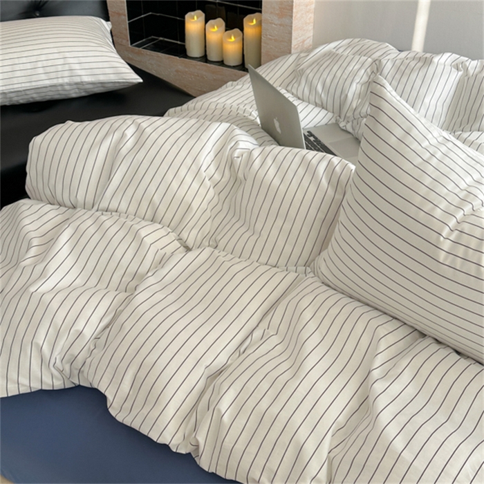 91家纺网 家纺一手货源 找家纺 金丝鸟家纺 2025新款全棉斜纹印花条纹系列四件套及单品 白色象牙