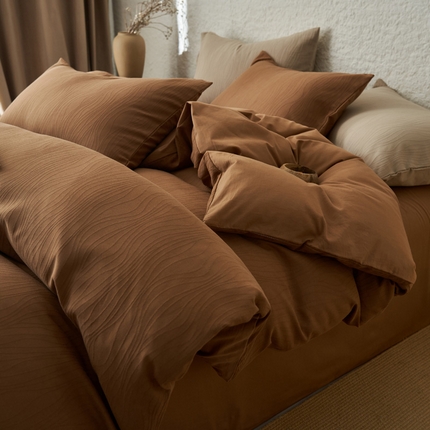 2025新款纯棉水洗棉三层波浪纹提花四件套 波浪纹-焦糖