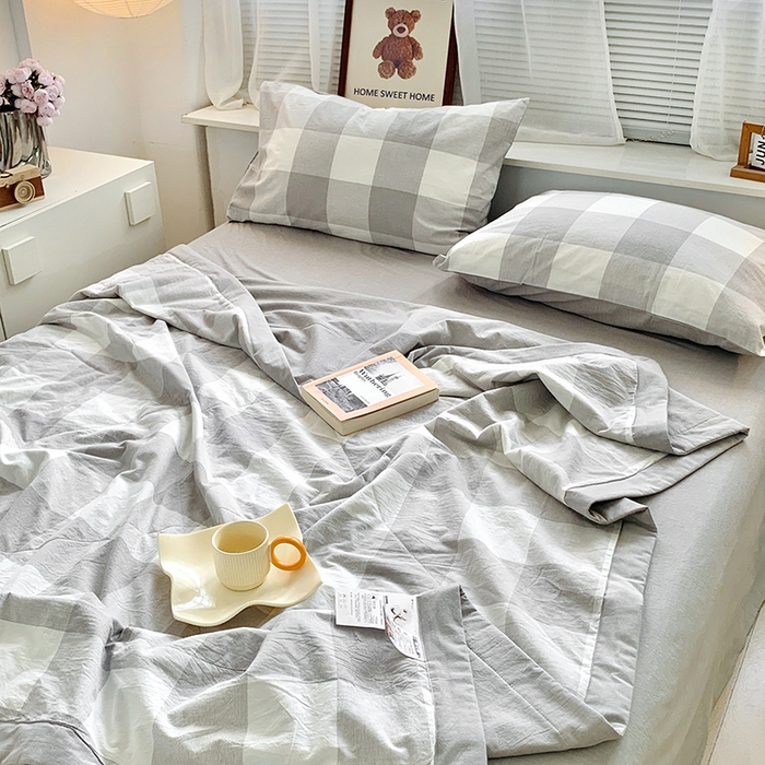 91家纺网 家纺一手货源 找家纺 水洗的故事 2025新款全棉色织水洗棉棉花夏被被子被芯 椰灰大格