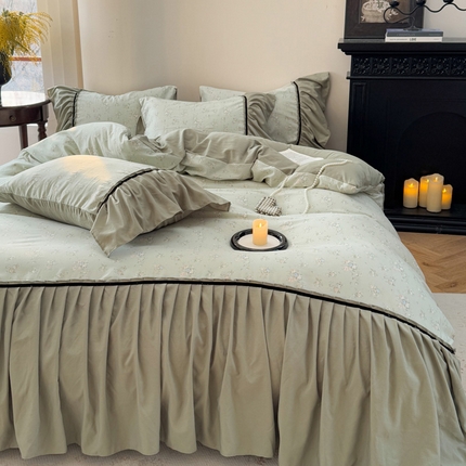 沐慕 2025新款法式针织双层纱印花系列四件套 绿茶