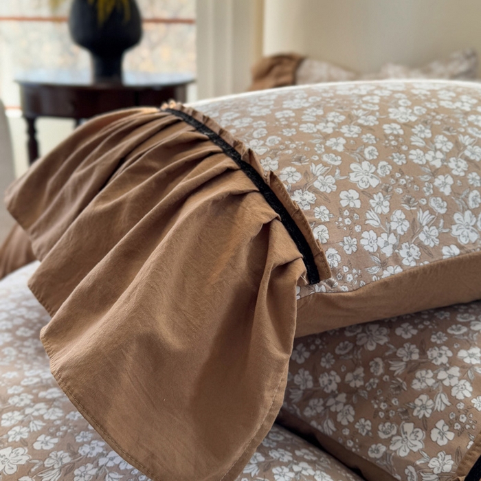 91家纺网 家纺一手货源 找家纺 沐慕 2025新款法式针织双层纱印花系列四件套 椿山集 咖