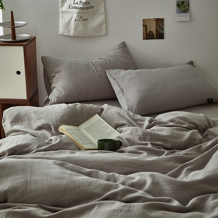 水洗的故事 2025新款全棉A类皱皱纱纯色混搭四件套 炊烟