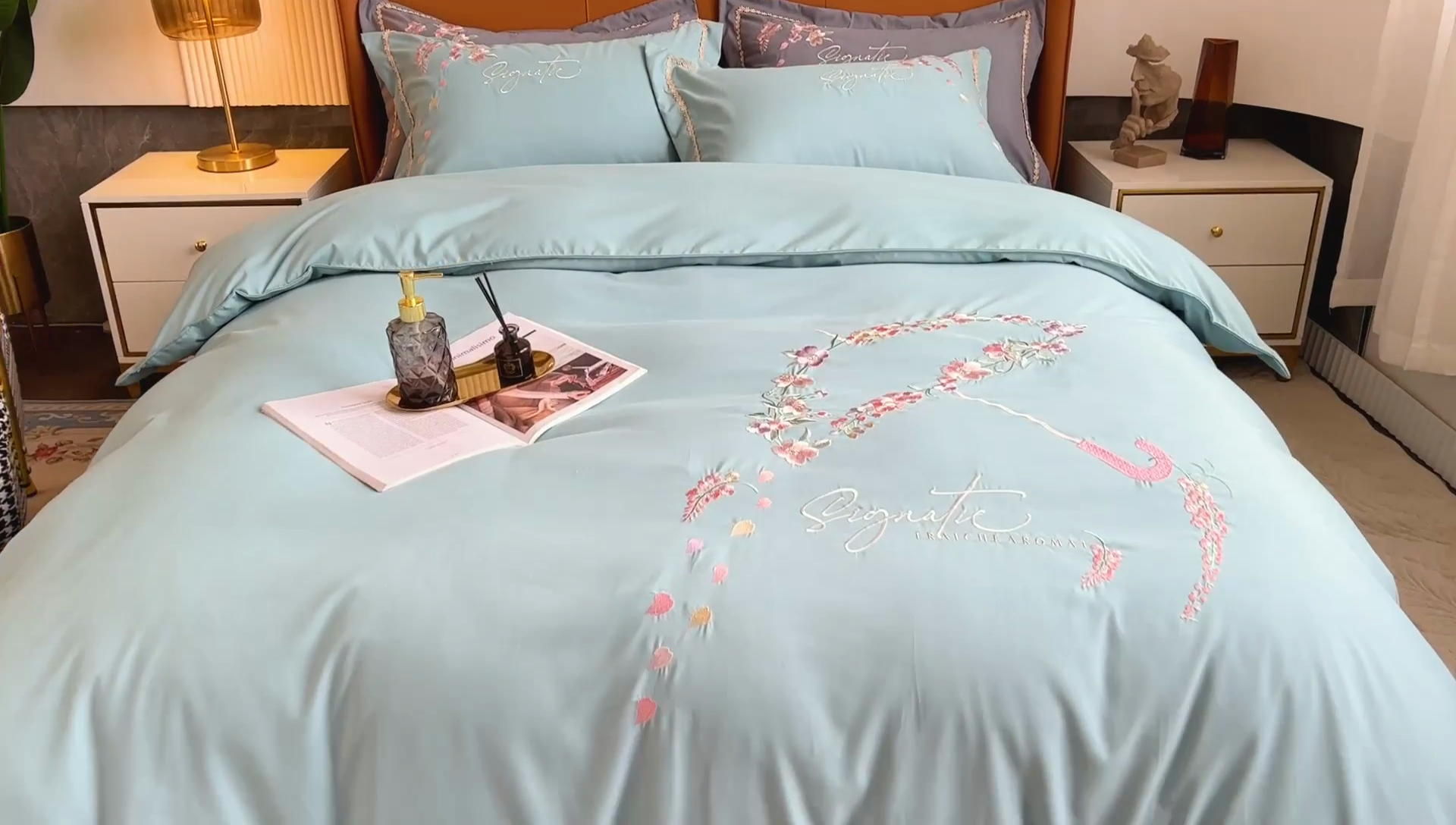 91家纺网 家纺一手货源 找家纺 梵克保罗 2025新款直播热卖长绒棉刺绣花边四件套-莉薇系列 莉薇-梵星绿