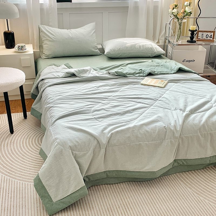 91家纺网 家纺一手货源 找家纺 水洗的故事 2025新款全棉色织水洗棉夏被&四件套 密条绿